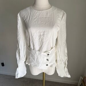 Tibi White Long Sleeve Cummerbund Blouse‎ Sz 8 Elegant Stylish Silver Structural